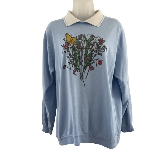 breckenridge Tops - Vintage Sweatshirt Womens XL Blue Floral Butterfly Collar Retro 90s Cottagecore